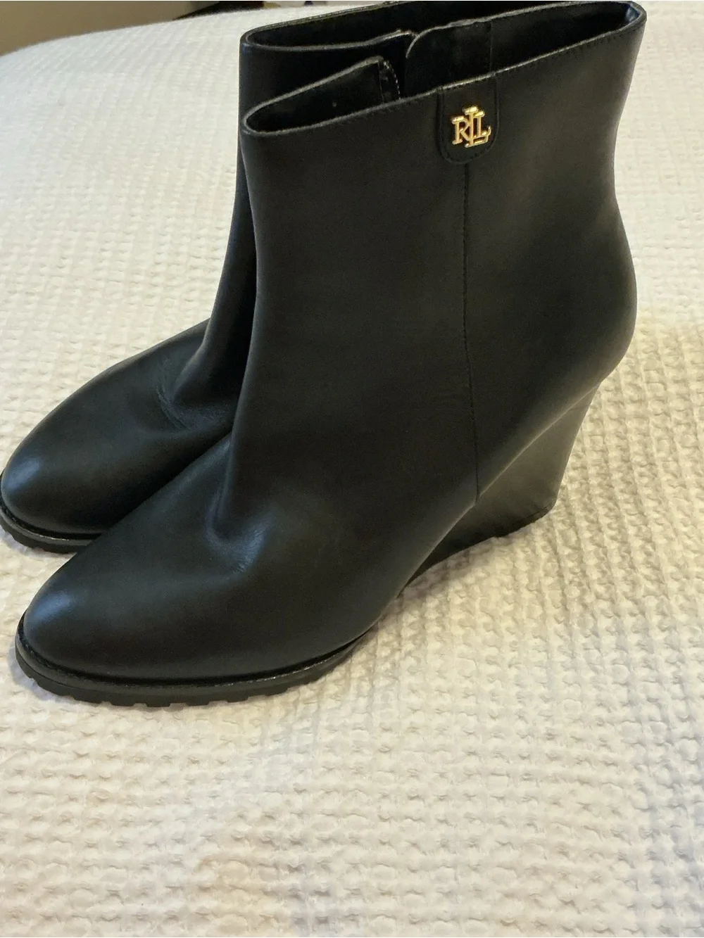 Ralph Lauren Shaley Black Leather Wedge Ankle Boots